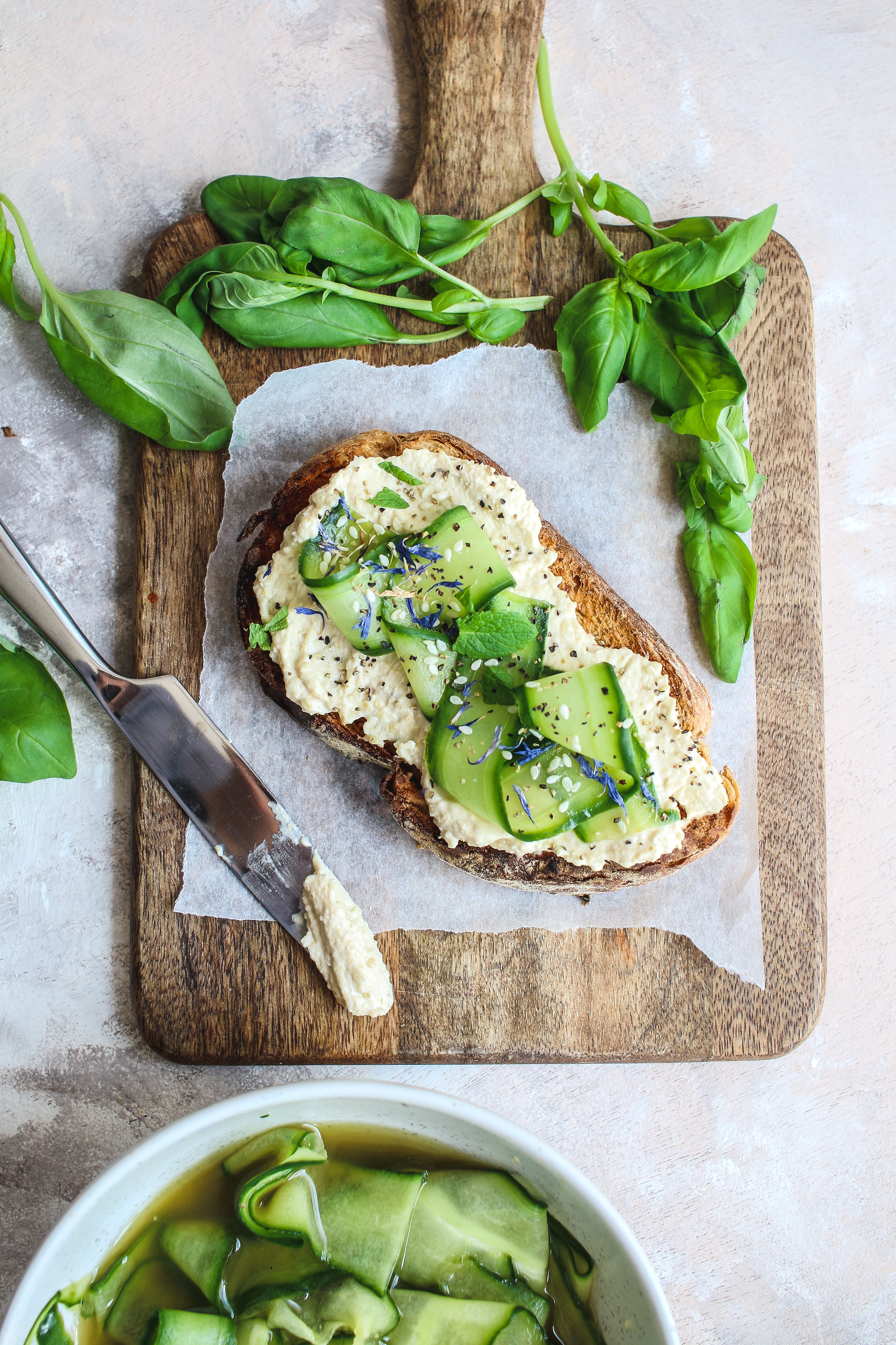 hummus and pickled cucumber toast