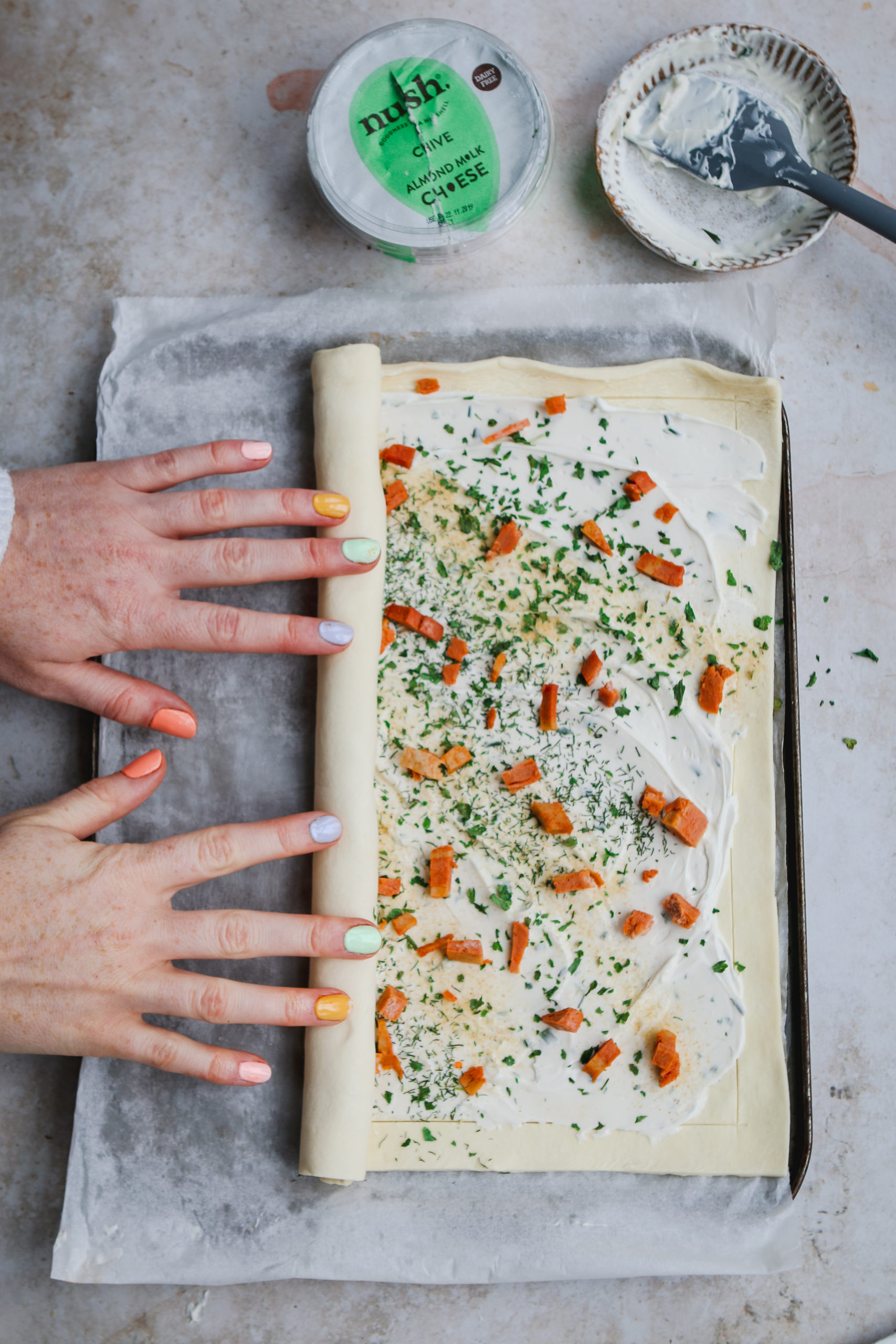 vegan pancetta pinwheels with nush cream cheese