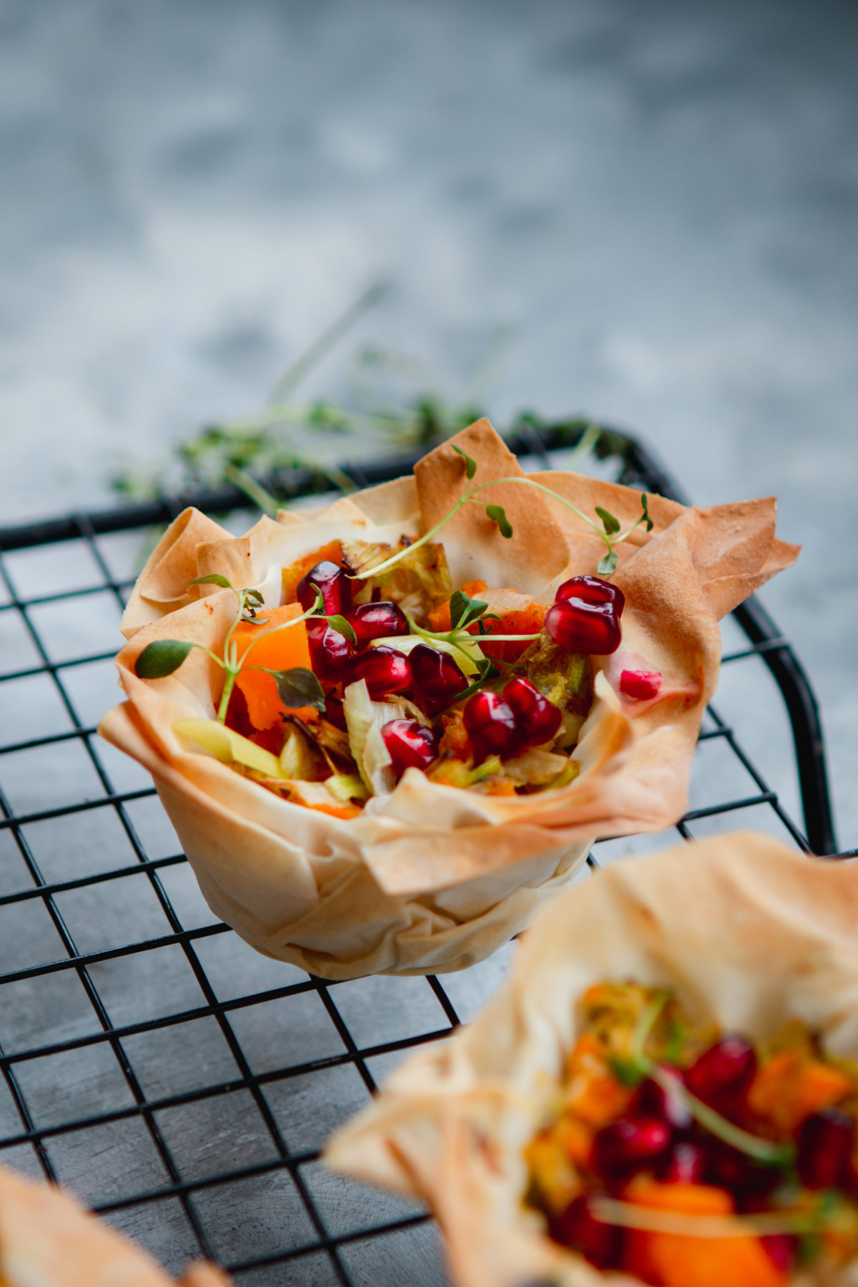 leek and squash filo tarts