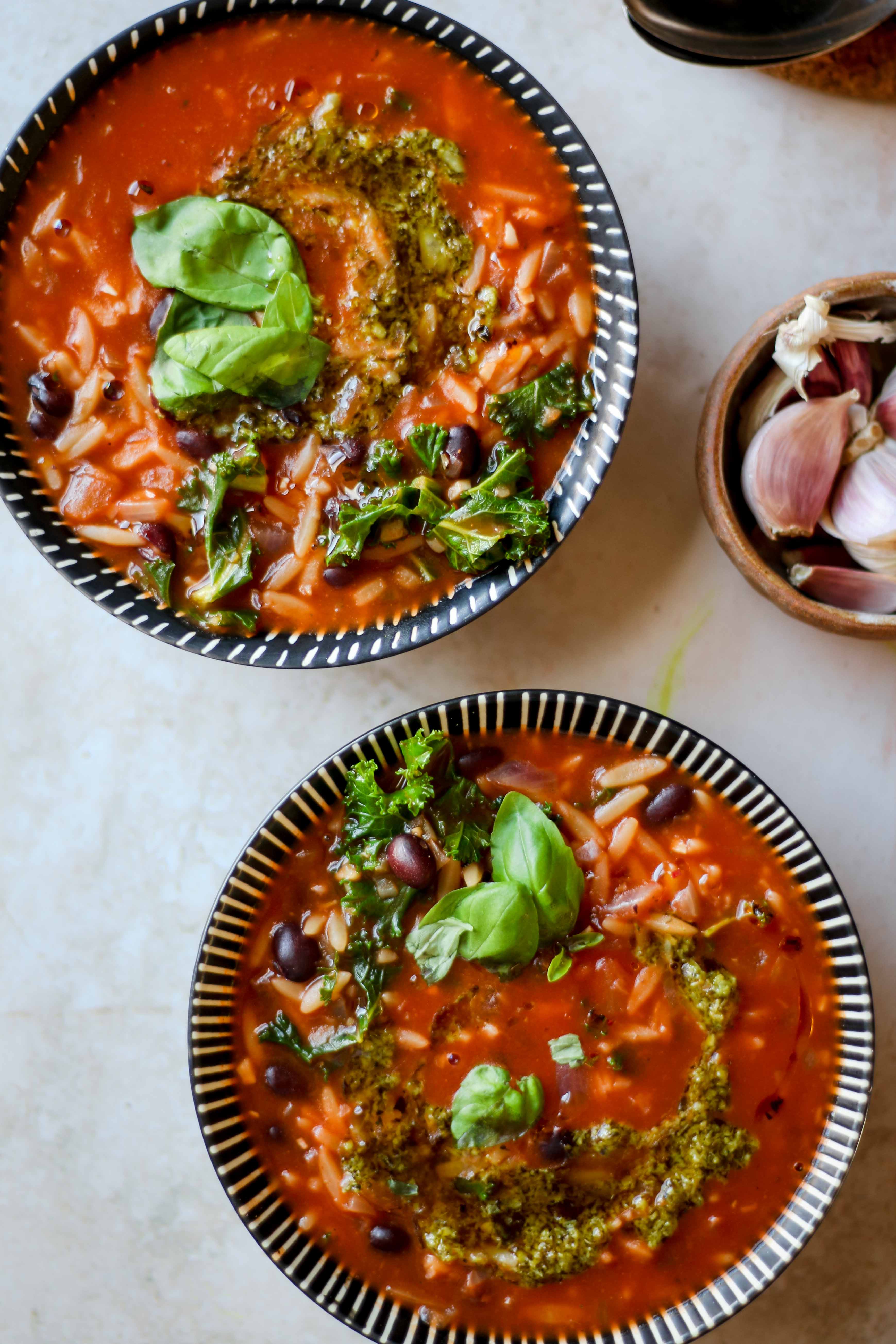 bloody mary orzo soup with kale and pesto