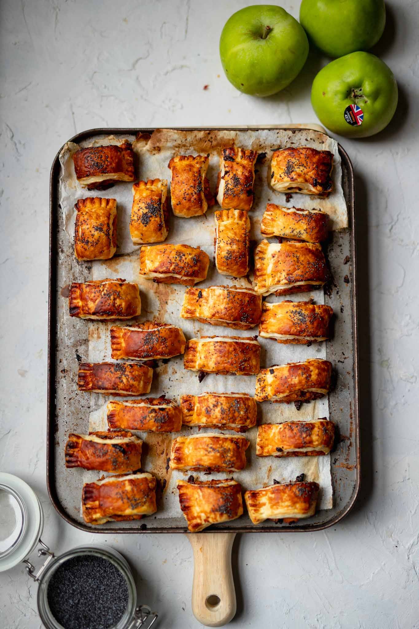 vegan apple and pork sausage rolls