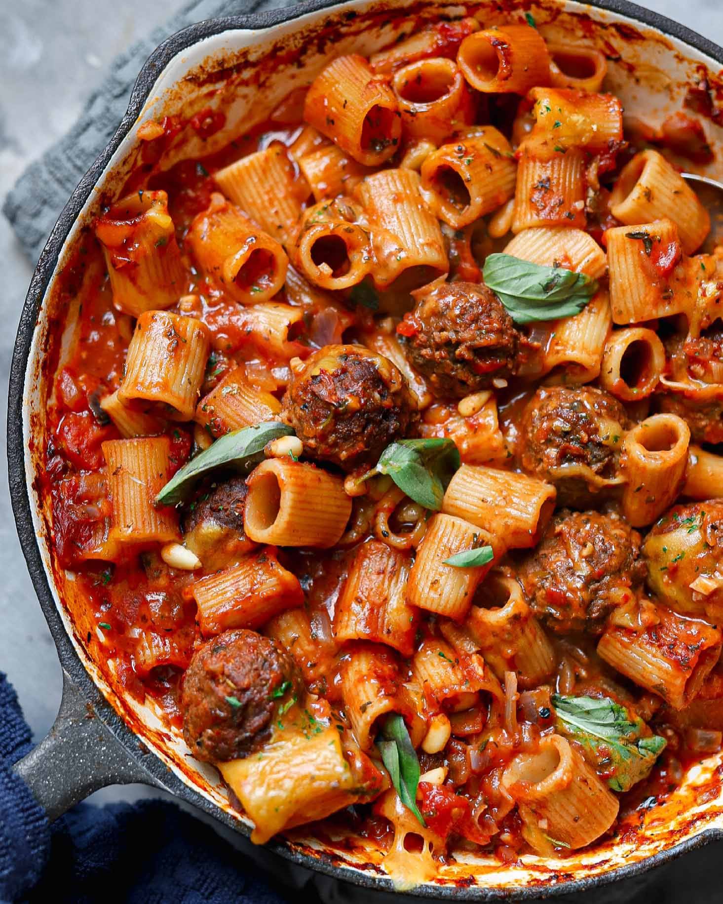 One Pot Vegan Meatball Pasta Bake - Lucy & Lentils