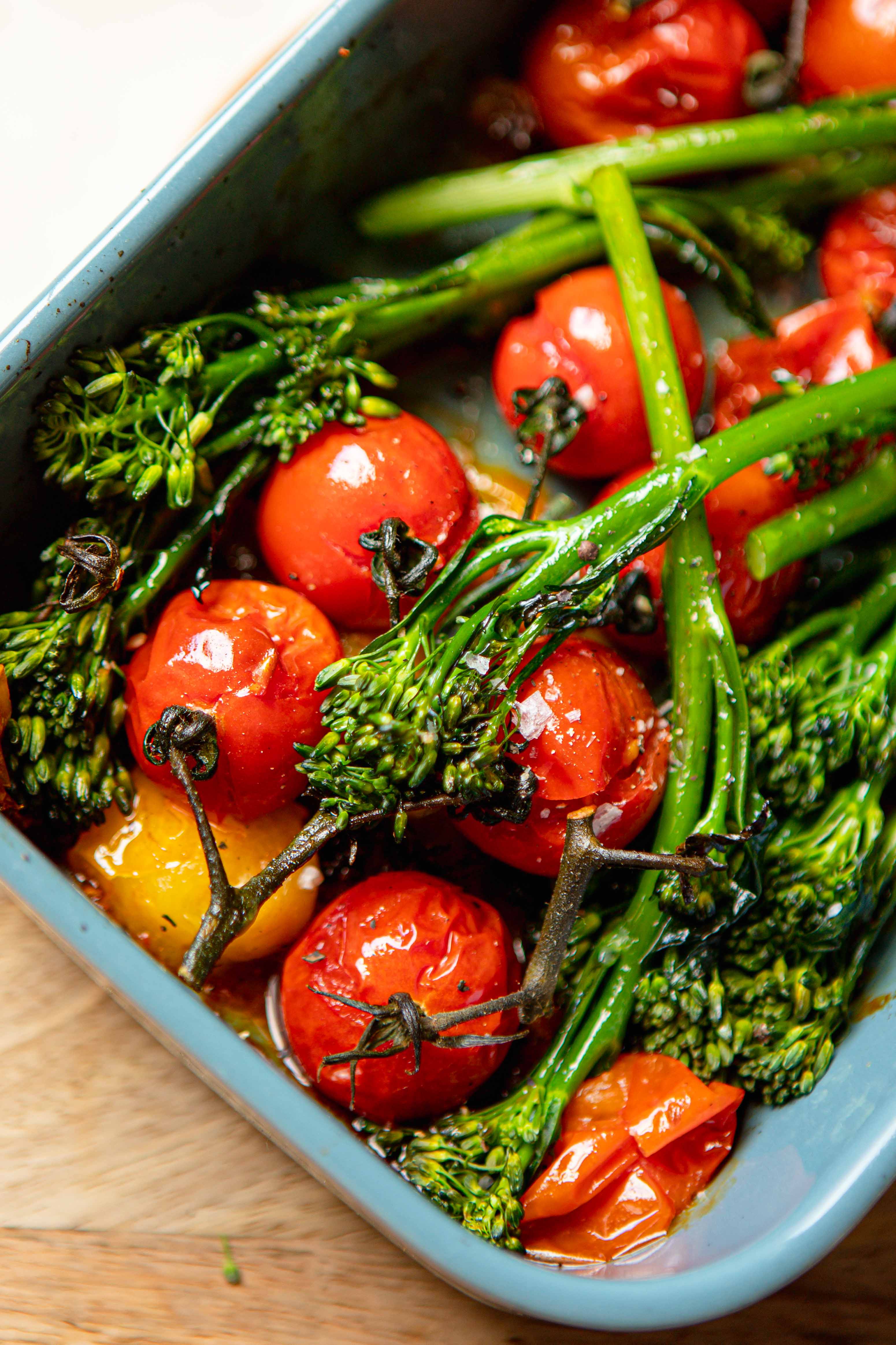 slow roasted tomatoes and tenderstem 