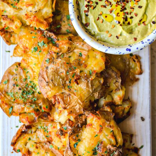 Smashed Potatoes with Avocado Garlic Dip - Lucy & Lentils