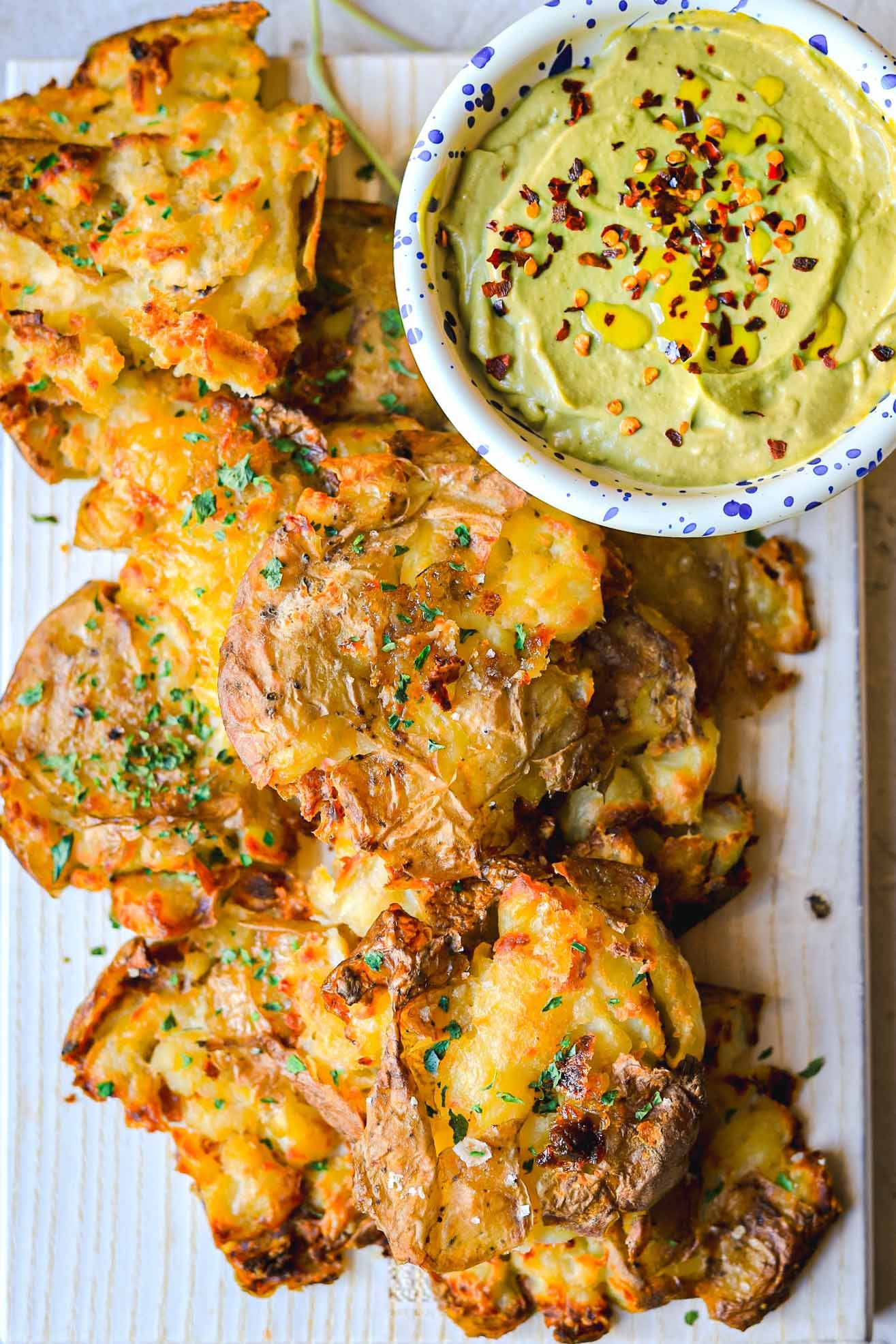 Smashed Potatoes with Avocado Garlic Dip - Lucy & Lentils