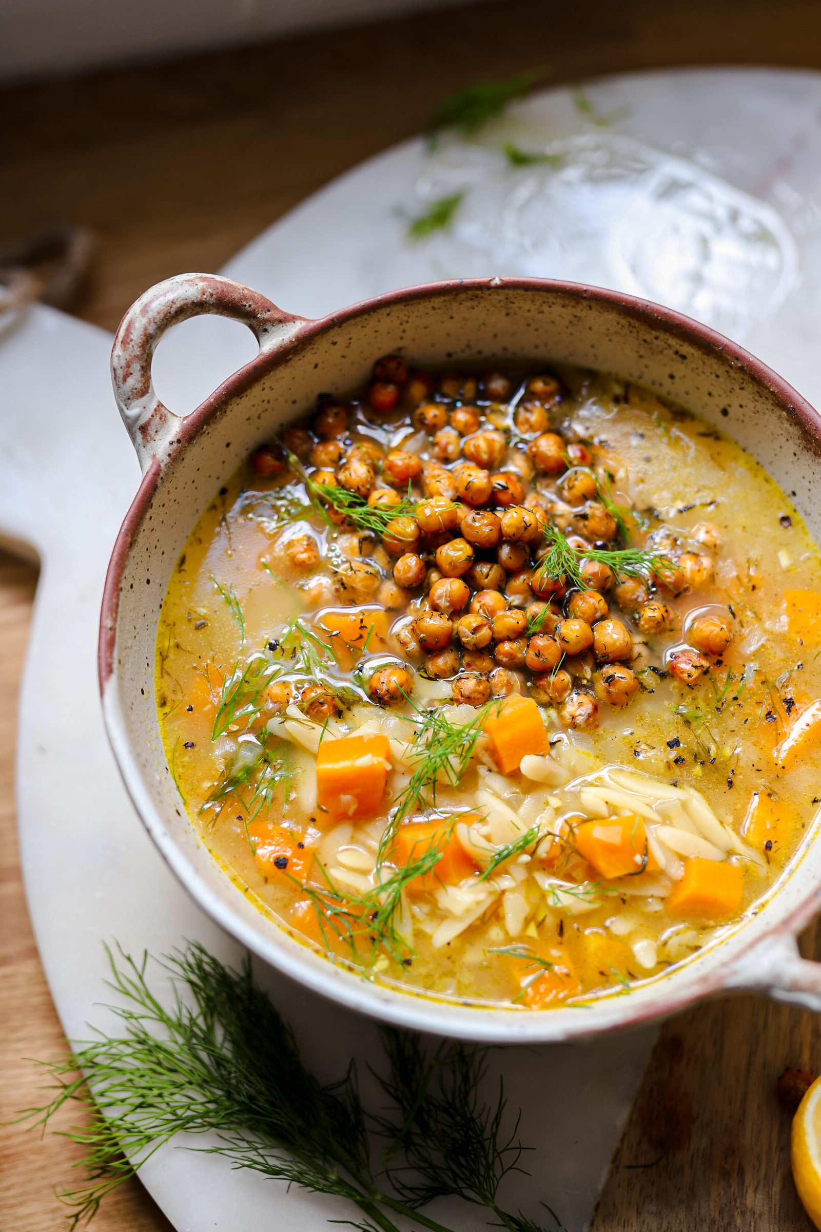 lemon orzo chickpea vegan soup