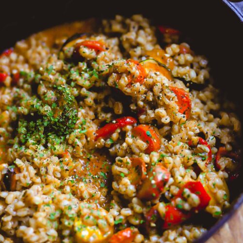 vegan pearl barley risotto with carrot and vegetable