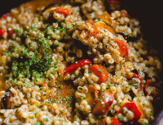 vegan pearl barley risotto with carrot and vegetable