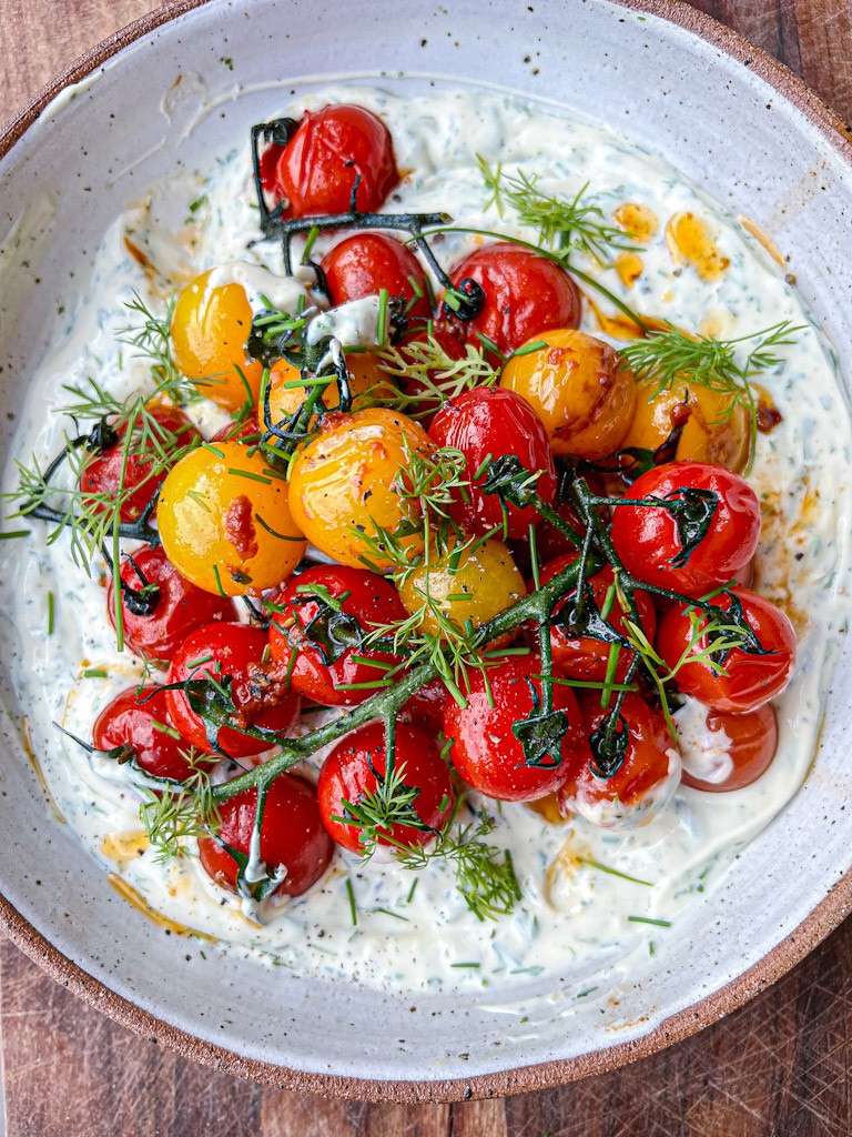 Blistered tomatoes with yogurt dip vegan recipe