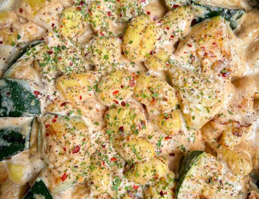 Caramelised courgettes in creamy gnocchi vegan recipe