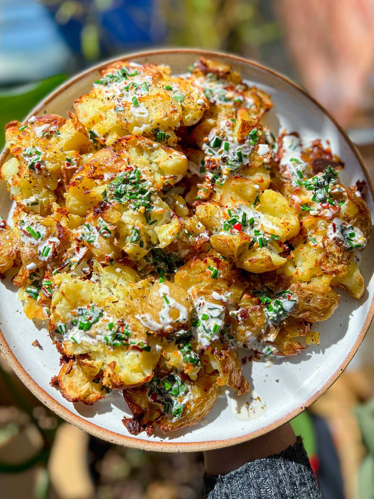 Smashed Potatoes with Avocado Garlic Dip - Lucy & Lentils